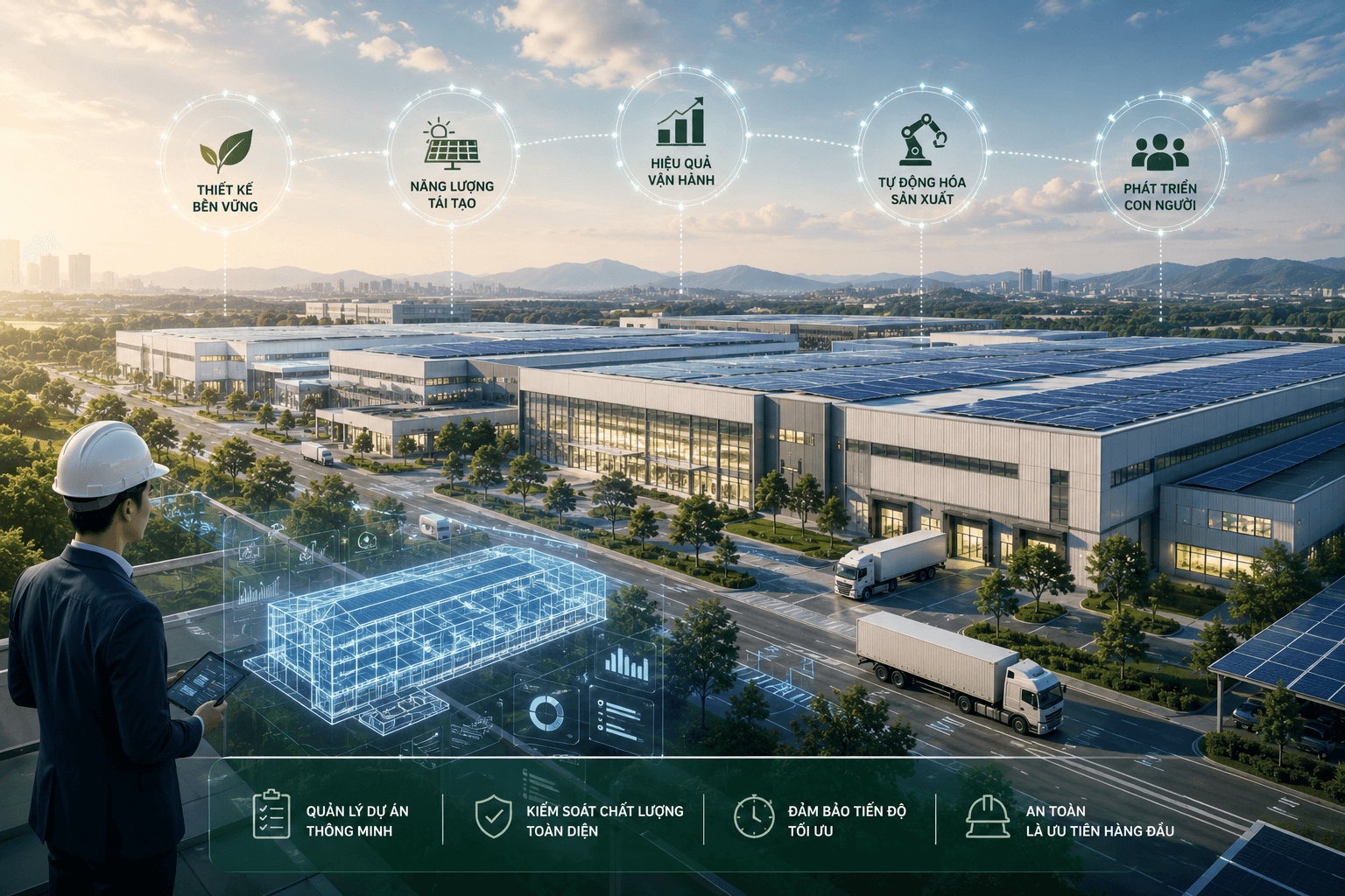 Infographic minh hoạ tương lai xây dựng công nghiệp Việt Nam — nhà máy thông minh, ESG, BIM/AI/IoT, kết nối dữ liệu và năng lực sản xuất toàn cầu